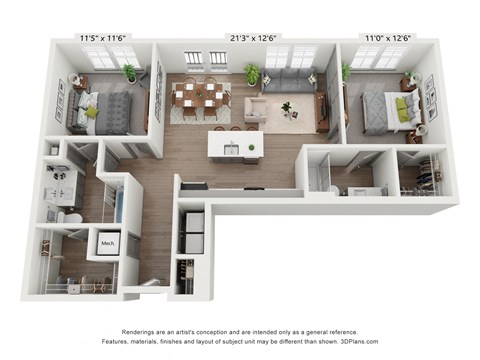 bedroom floor plan an in 3d at Muse Carmel in Carmel, IN